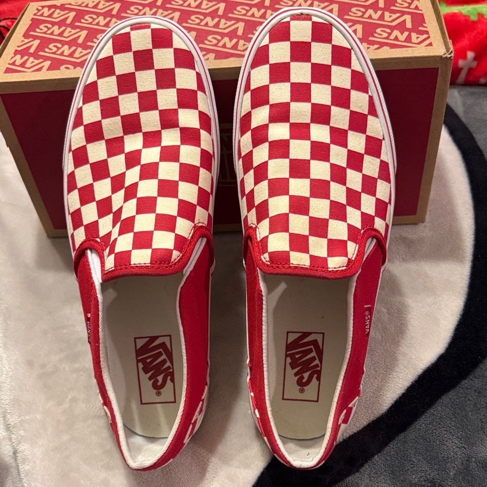 Vans Red and White Checkered Slip-Ons